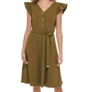 Tommy Hilfiger Women's Flutter Sleeve Scuba Crepe Belted Dress Dark Olive Sz 12